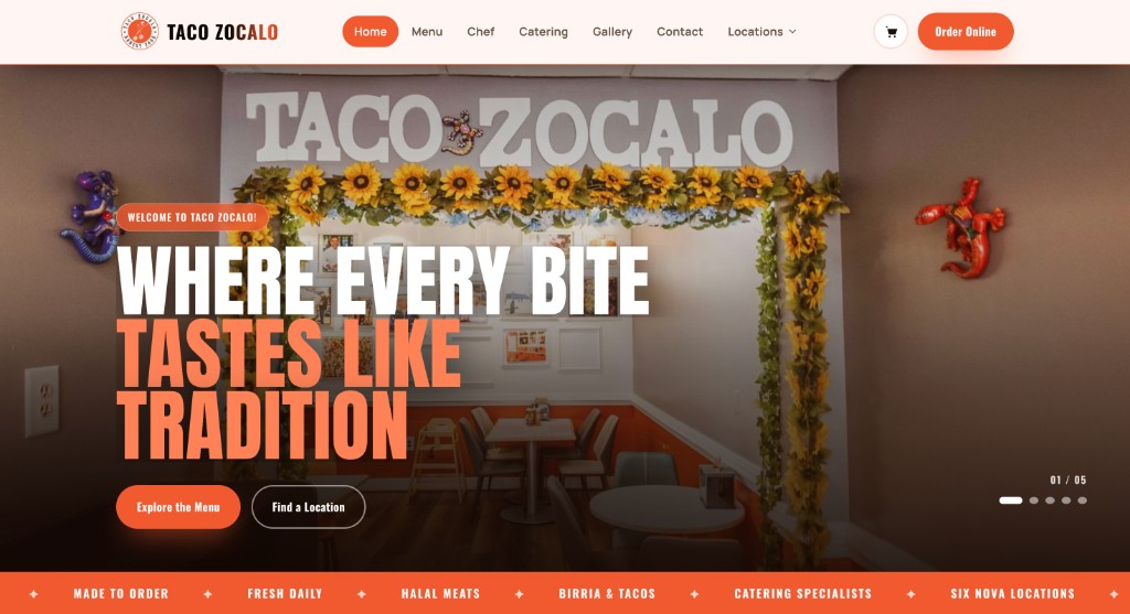 Taco Zocalo restaurant website design by Dropwebs with menu, locations, and online ordering